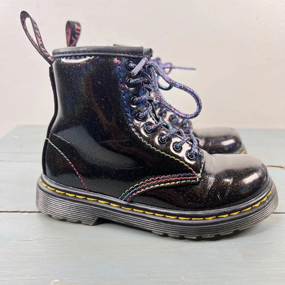 Dr. Martens 1460 T Kids Black Cosmic Glitter Rainbow Boots Size 10 US 9 UK